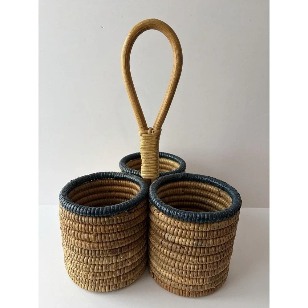 Vintage Woven Rattan 3‎ Compartment Caddy Basket w Handle Boho